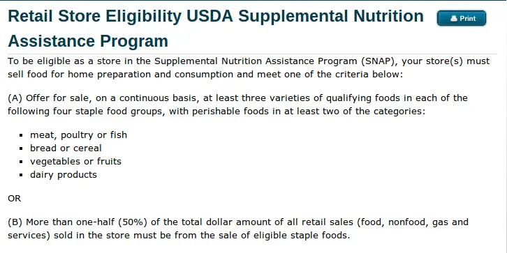 "Food stamps store eligibility criteria"