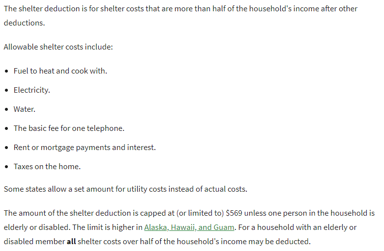 Excess Shelter Deduction for SNAP