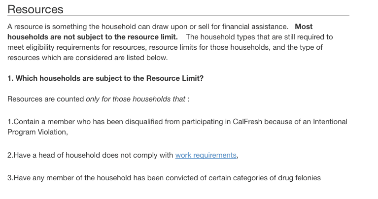 "Qualification Guidelines for Food Stamps In California Resource requirement"