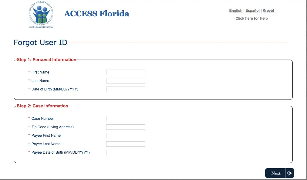"Access Florida Account Reset Username and password"
