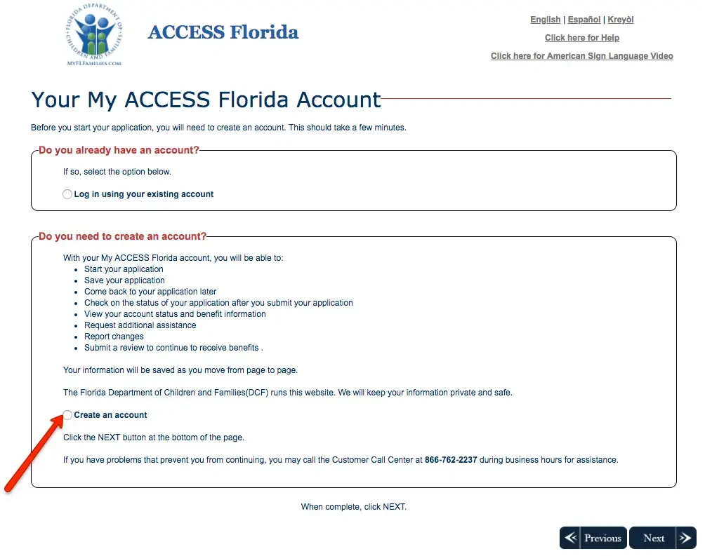 "Create Florida MyACCESS account No case number"