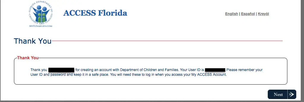 "Create a My ACCESS Florida Account - no case number"