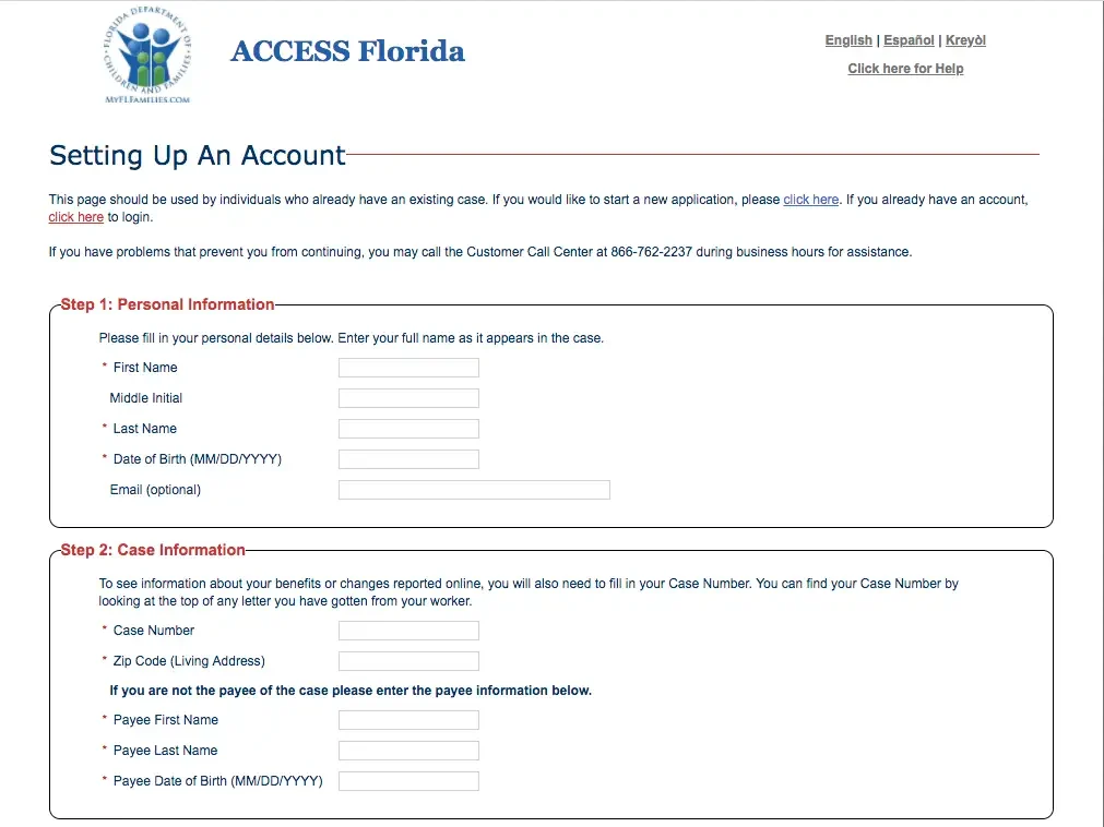 "My ACCESS Florida Create New Account"