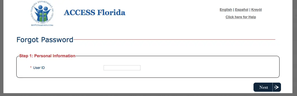 "My Access Florida Account password reset"
