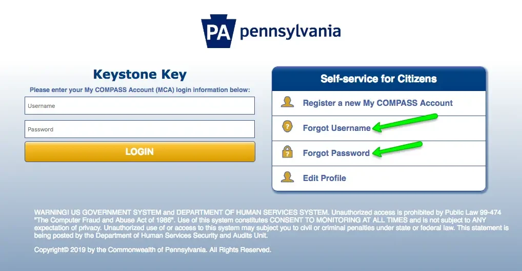 "Compass.state.pa.us Login - forgot username and password"