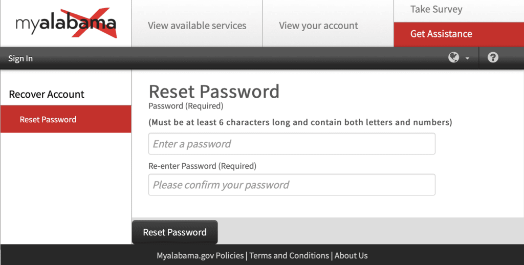 My Alabama Account Password Reset