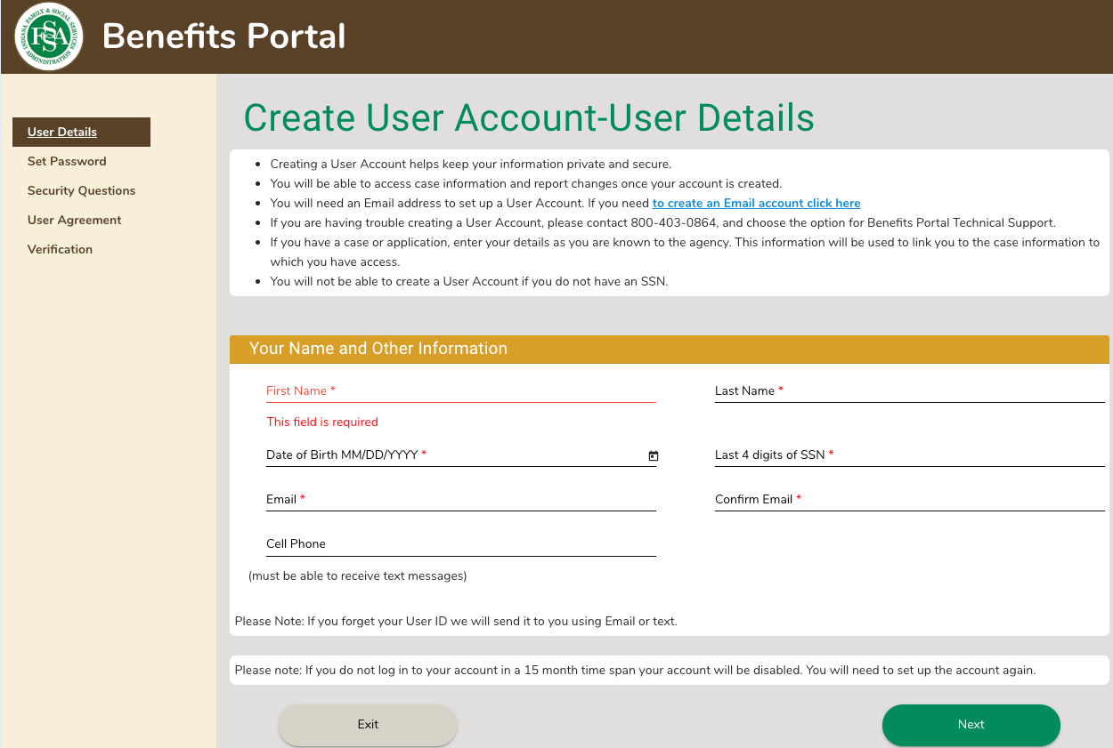 "How to Create FSSA Benefits Portal - Enter personal information"