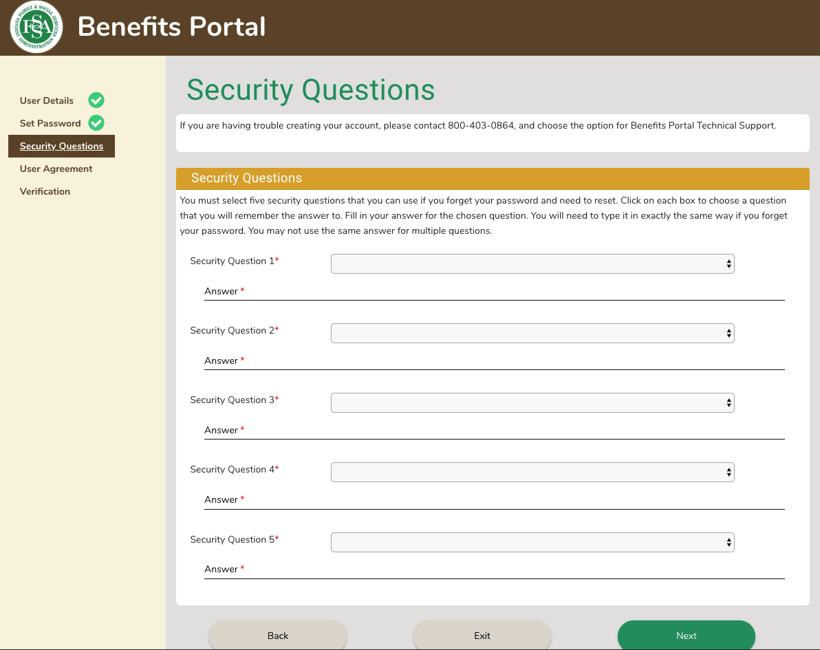 "How to Create FSSA Benefits Portal Select Security Questions"
