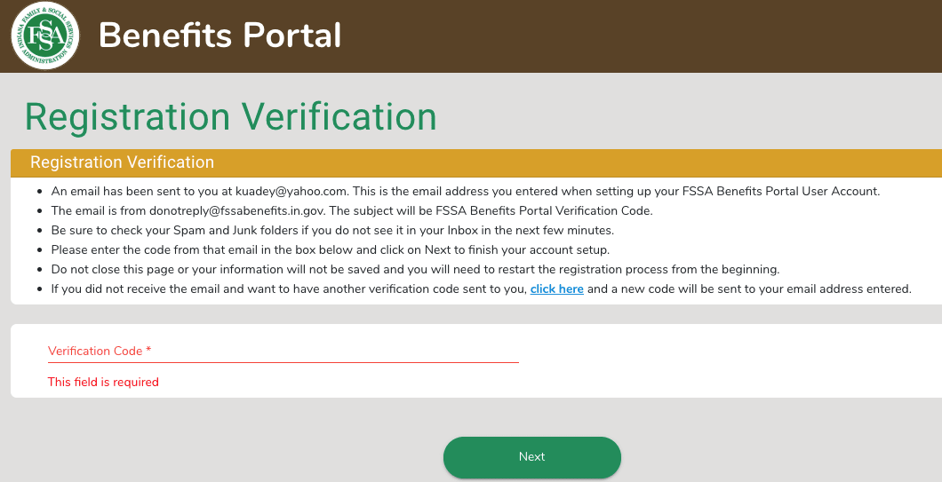 "How to Create FSSA Benefits Portal - enter verification code"