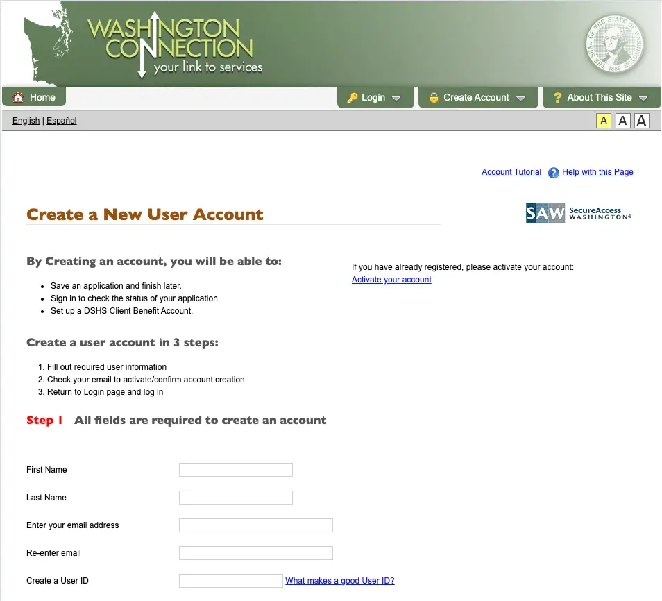 "Create DSHS Washington Connection Account - Enter personal information"