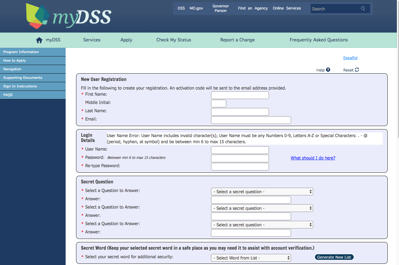 "How to Create Mydss Missouri Account - enter personal information"