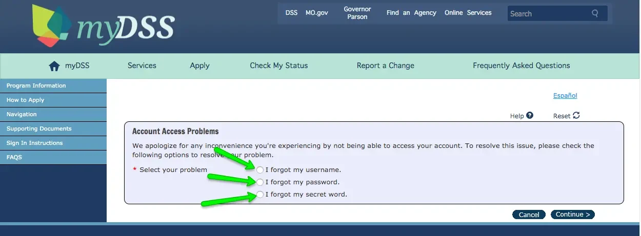 "Mydss Missouri login - forgot username and password"
