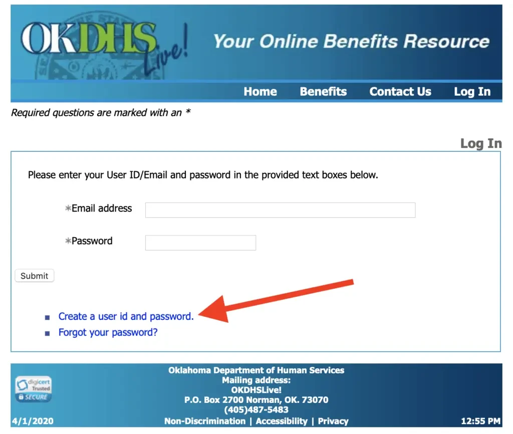 Create OK DHS Live Account