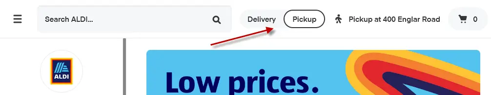 "Select either Delivery or Pickup for your online shopping option"
