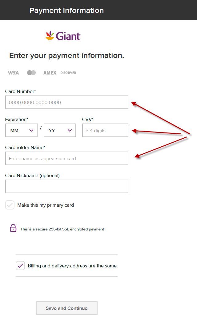 Add secondary form of payment for GiantFood.com