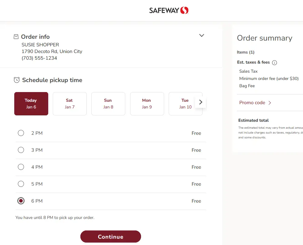 "schedule a pickup time for your order on safeway.com"