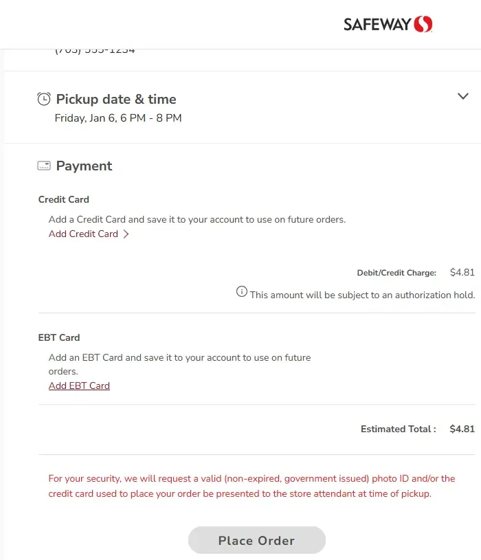 "add EBT Card and Credit Card info for payment on Safeway.com"