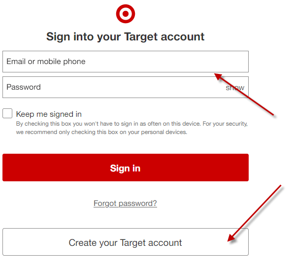"create new account or use existing account on Target.com"