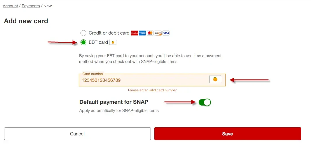 "select payment card type EBT card on Target.com"