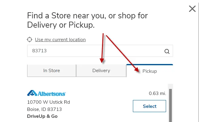 "select delivery or pickup"