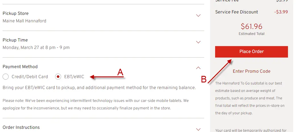 "select EBT as payment option