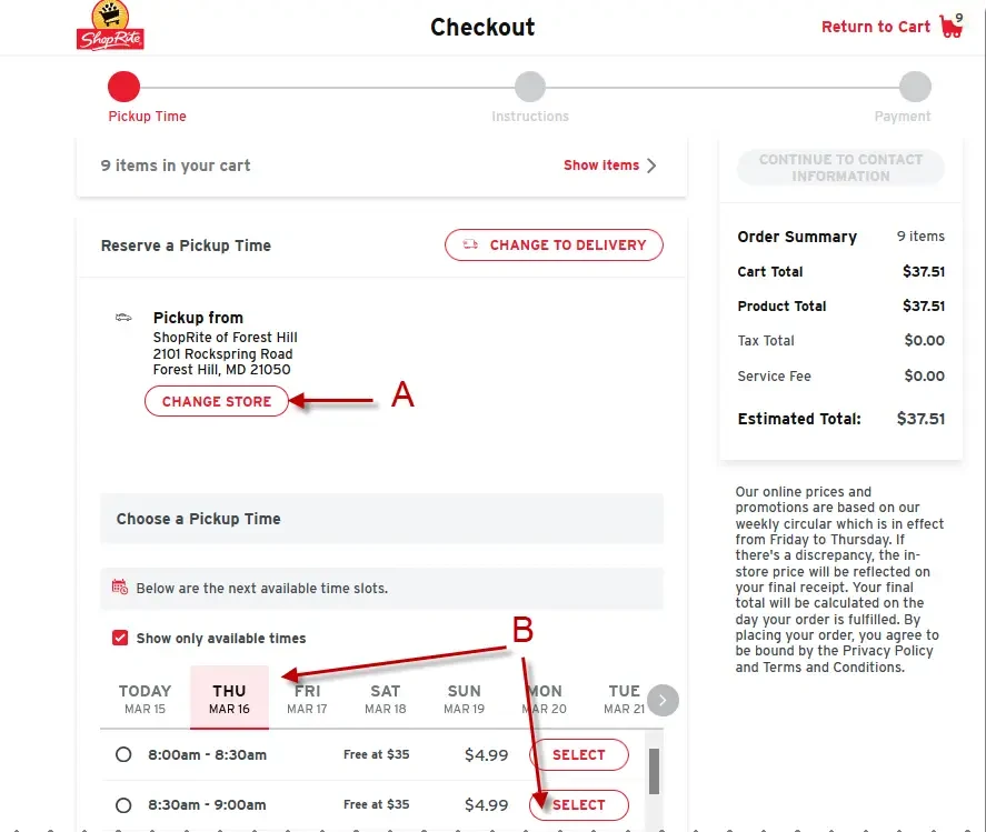 "set curbside pickup or delivery options"