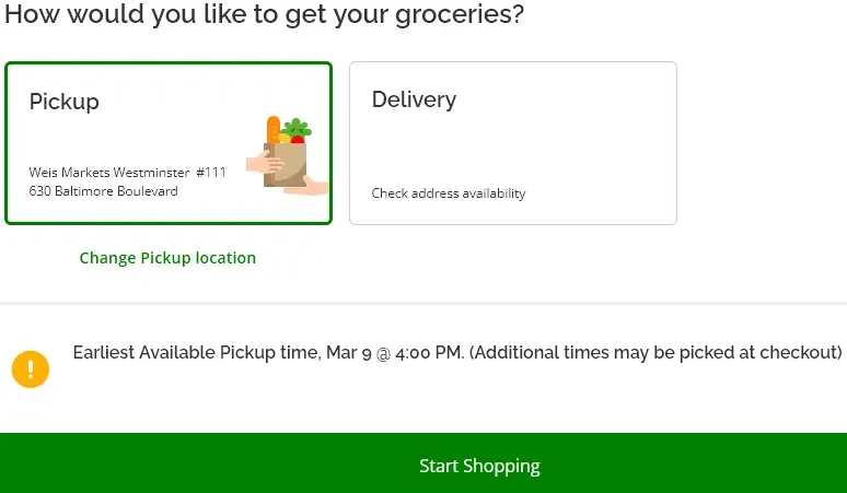 "select delivery or pickup for groceries"