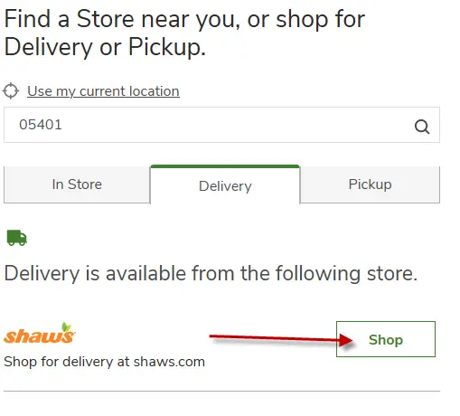 "Continue with Shaws.com for delivery"