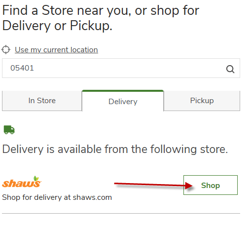 "Continue with Shaws.com for delivery"