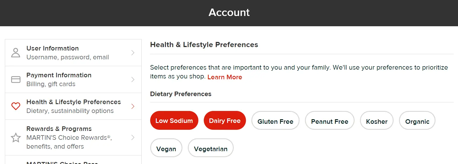 "select dietary preferences"